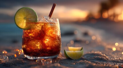Refreshing Cocktail with Lime on Beach at Sunset