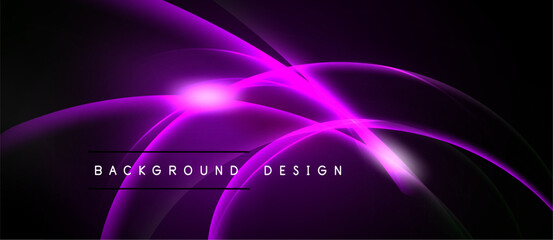 Abstract purple lines create dynamic energy. Bright central glow emphasizes flowing curves against dark backdrop. Modern design element.