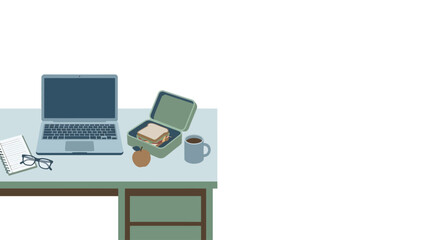 Workspace Desk with Laptop and Lunch Illustration