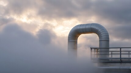 Industrial pipe expels steam under a dramatic cloudy dawn sky