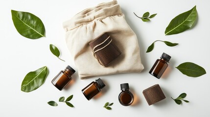 Open eco friendly cotton reusable bag with the different containers from the natural wood and brown glass.