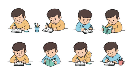Boy studying with books and pen at desk © Pandaman1102