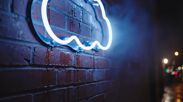 Illuminated cloud-shaped neon sign affixed to a brick wall at night, capturing urban atmosphere