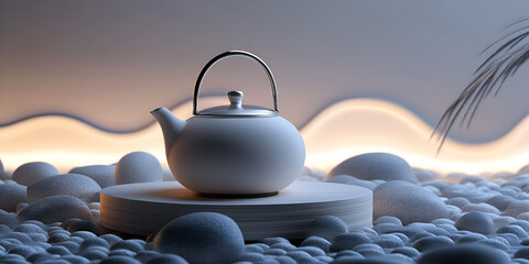 Kettle Mockup on Stylized Pebble Base with Ambient Wave Lighting