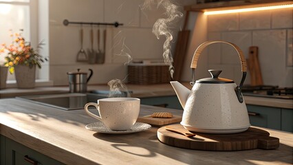 coffee pot and teapot, Teapot and cup on kitchen counter, warm light