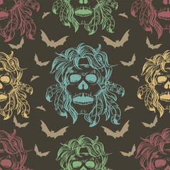 Seamless pattern with skull, bat and feathers. Halloween vector illustration.