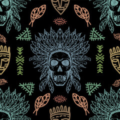 Hand drawn seamless pattern with mexican skull and indian feathers on black background.