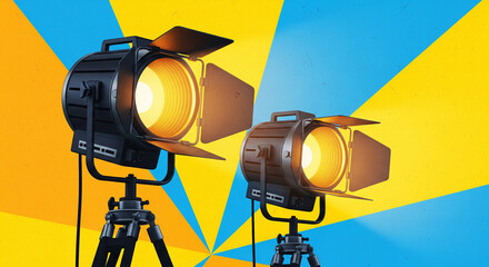 Two bright studio spotlights on tripods against vibrant yellow and blue background for filming or photography with equipment and professional and theatrical