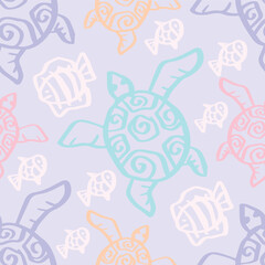 Seamless vector pattern with sea turtles. Marine background with turtles.