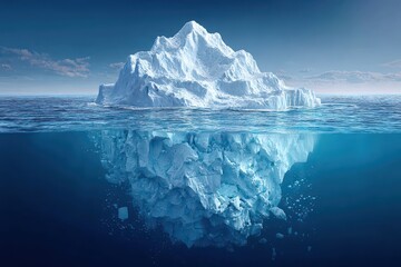 A melting iceberg global warming concept is presented in passive voice, ice erosion and cracks are emphasized below water, dramatic depth is visible, cinematic 3D realism is maintained.