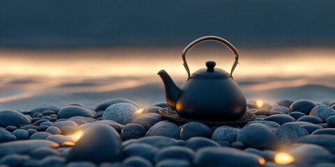 Kettle Mockup on Stylized Pebble Base with Ambient Wave Lighting