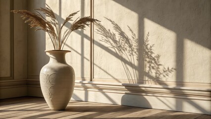 vase on the table, still life with flowers, flowers in vase, Vase casting soft shadow on wall, decor mockup