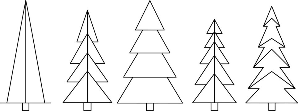 Minimalist geometric Christmas tree outline vector set with simple modern pine shapes isolated on white background