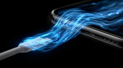 Sleek smartphone being charged with a glowing cable, symbolizing fast charging, energy flow, and modern technology.