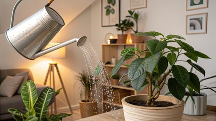 plant in a pot on the windowsill. indoor plant in the living room, plant in a pot, watering can in the garden