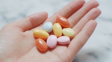 Colorful Chewable Tablets in Hand for Daily Vitamins