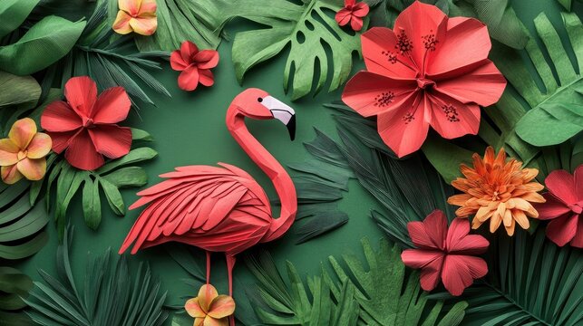 Origami 3D image of flamingo and tropical flowers masculin arty fashion print without