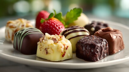 Exquisite Assortment of Chocolates with Fresh Strawberries on Plate