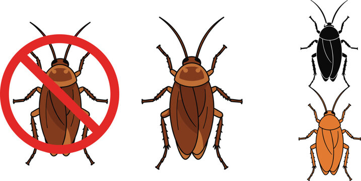 Cockroach pest control prohibition icon set with realistic and flat insect silhouettes isolated on white background