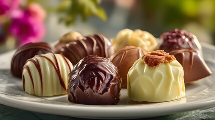 Delicious Assorted Chocolate Pralines on a White Plate