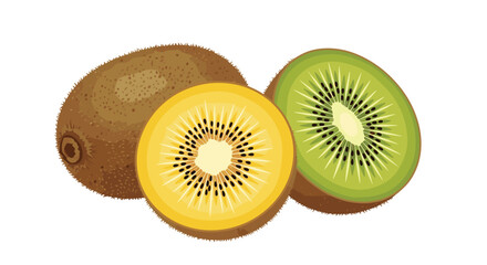Group of whole and sliced green and golden kiwi fruits with fuzzy skin and vibrant centers containing black seeds isolated on a white background.