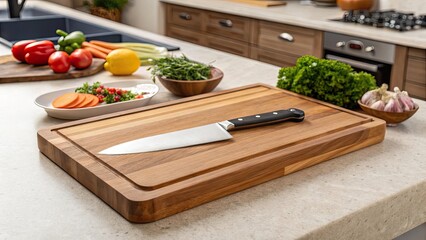 cutting board with knife, Wooden board with knife, food prep background