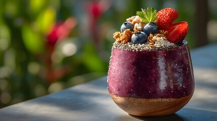 Vibrant Smoothie Bowl with Fresh Berries and Granola on Table
