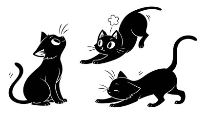 A vector graphic illustration of three black cats in different playful poses on a white background