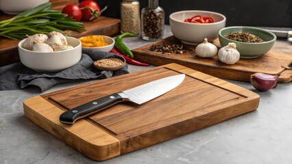 cutting board with knife, Wooden board with knife, food prep background