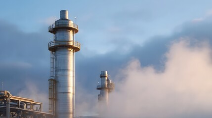 Industrial plant with tall distillation towers emitting steam or fog against a cloudy sky at dawn bathed in soft light