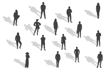 Diverse Group of People Silhouettes Standing with Long Shadows on White Background.