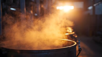 Industrial vats filled with boiling liquid emit dense steam illuminated by warm golden light