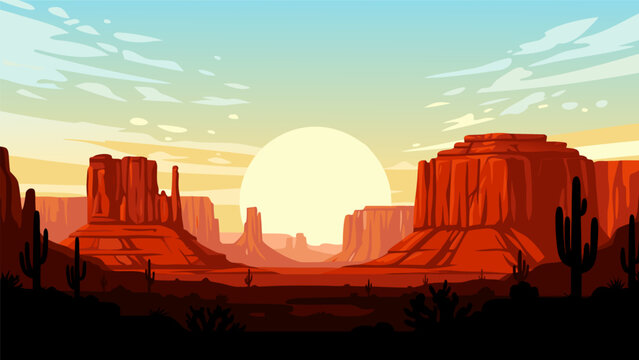 Vast desert landscape with mesas and saguaro cacti under a bright sun, vector illustration depicting a western scene at dawn