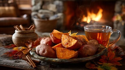 Warm Sweet Potatoes and Tea by Cozy Fire in Autumn Decor