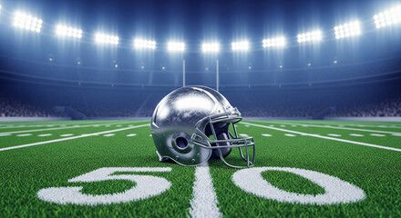 American football helmet on green field with white lines and numbers under stadium lights at night with sports and game and outdoor and athletic