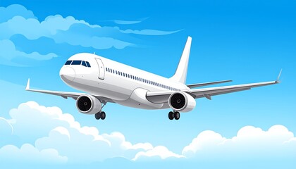 Obraz premium A white commercial aircraft soars through a bright blue, cloudy sky