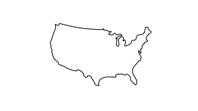 Minimalist black outline animation of the United States map on a white background featuring a clean line art drawing reveal for educational geography videos.
