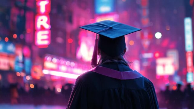 A woman in a graduation cap and gown smiles proudly at the camera, celebrating her academic achievement.