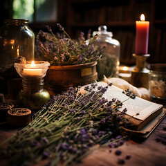 Antique still life with dried lavender, old manuscripts and burning candles in a dark moody atmosphere