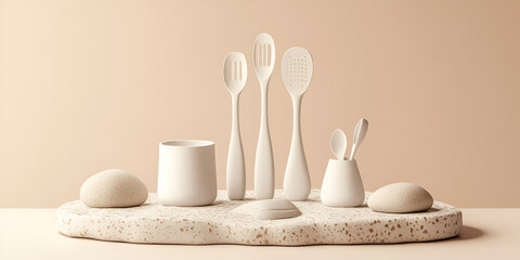 Blank Kitchen Utensil Set Mockup on Stylized Pebble Base