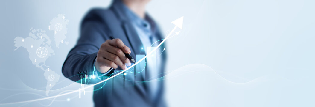Business development to success and growing growth, Businessman pointing arrow graph corporate future growth plan, Asset investment chart business and finance, Global economic trend analysis.