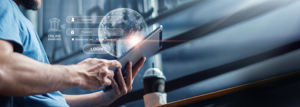 
Mobile banking payment authentication on tablet for secure online transaction with Internet banking global network, Completing digital banking with cyber security verification and account protection - Powered by Adobe