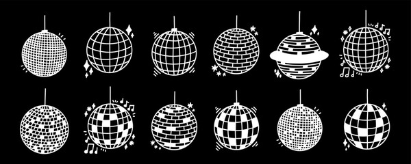 Obraz premium Disco Globe Ball Vector Icon Vector Glitter Set. Disco Mirror Ball Light for Party or Club Kit. Doodle Vector Illustration
