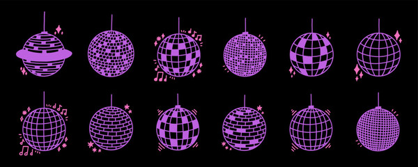 Purple Disco Ball Glitter Vector With Mirror Globe Set. Disco Ball Light for Party or Club Kit. Doodle Vector Illustration