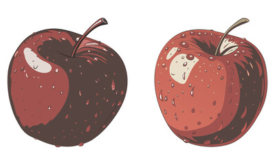 A fresh red apple with a slice and a tiny worm on a white background
