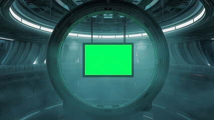 Futuristic science fiction facility showcasing a prominent green screen for adaptable digital content in a high-tech, advanced setting, ready for virtual display integration