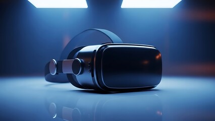 Modern virtual reality headset in dark blue studio with spotlight