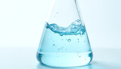 Close-up of a clear liquid being swirled in a laboratory flask, creating a dynamic wave and bubbles on white background