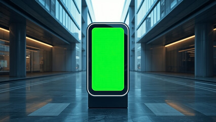Contemporary digital advertising billboard with a prominent green screen display in a modern urban architectural environment, ready for customizable content and dynamic public communication