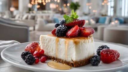 Delicious cheesecake topped with fresh berries on elegant table